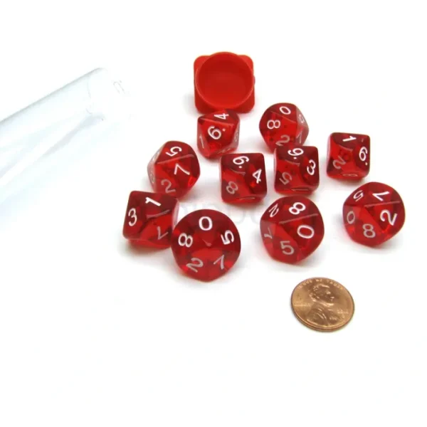 Pack of 10 Transparent 10 Sided D10 16mm Dice - Red - Your Source for Gaming Essentials Discount