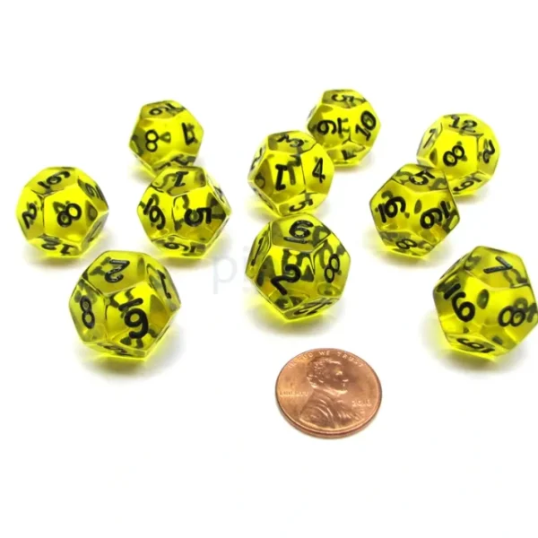 Pack of 10 Transparent 12 Sided D12 20mm Dice - Yellow - Your Source for Gaming Essentials Cheap