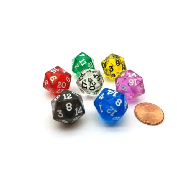 Pack of 7 Transparent D20 20mm Dice - Blue Clear Green Orchid Red Smoke Yellow - Your Source for Gaming Essentials Best