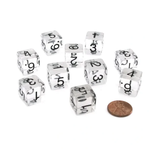 Pack of 10 Transparent 6-Sided D6 16mm Numbered Dice - Clear - Your Source for Gaming Essentials Flash Sale
