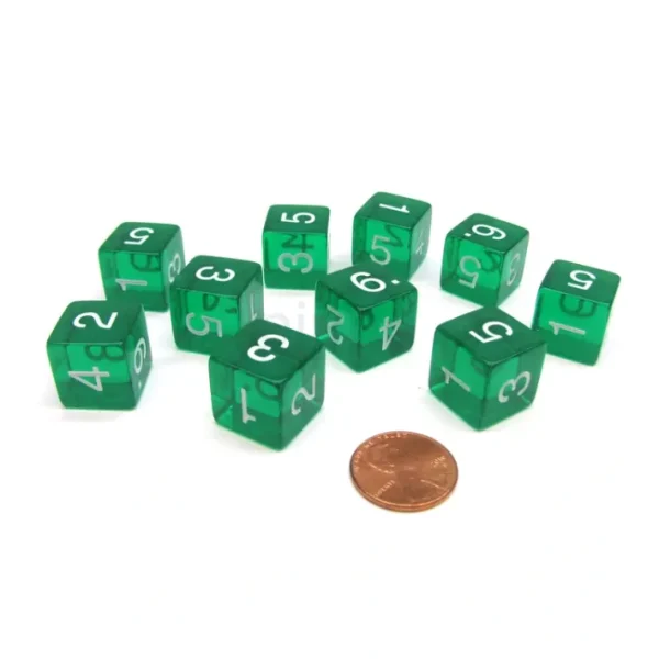 Pack of 10 Transparent 6-Sided D6 16mm Numbered Dice - Green - Your Source for Gaming Essentials Hot