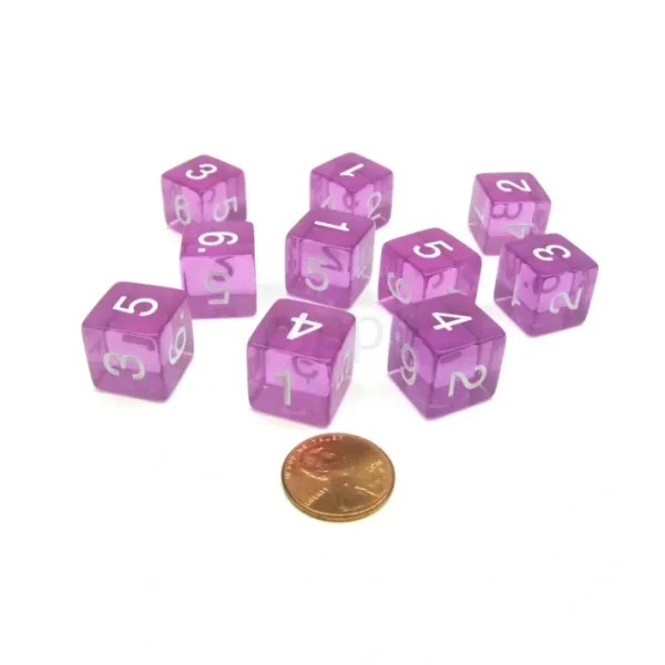 Pack of 10 Transparent 6-Sided D6 16mm Numbered Dice - Orchid - Your Source for Gaming Essentials Sale