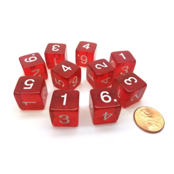 Pack of 10 Transparent 6-Sided D6 16mm Numbered Dice - Red - Your Source for Gaming Essentials Outlet