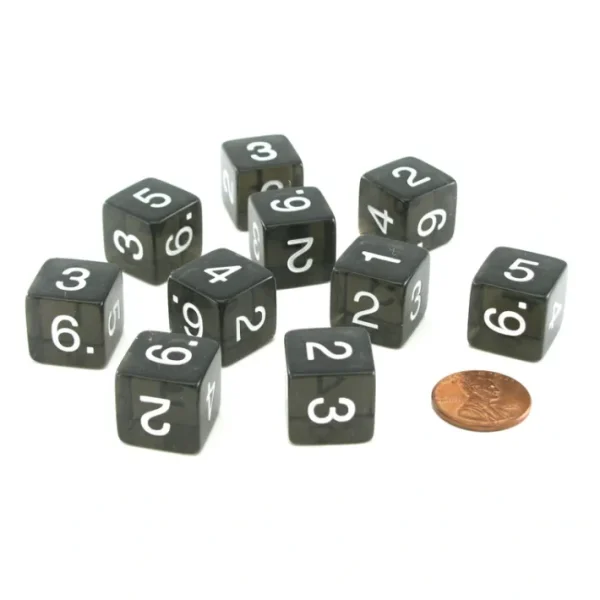 Pack of 10 Transparent 6-Sided D6 16mm Numbered Dice - Smoke - Your Source for Gaming Essentials Discount