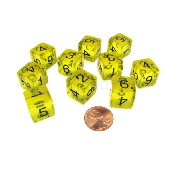 Pack of 10 Transparent 6-Sided D6 16mm Numbered Dice - Yellow - Your Source for Gaming Essentials New