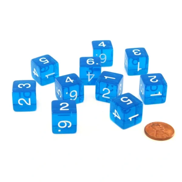 Pack of 10 Transparent 6-Sided D6 16mm Numbered Dice - Blue - Your Source for Gaming Essentials Fashion