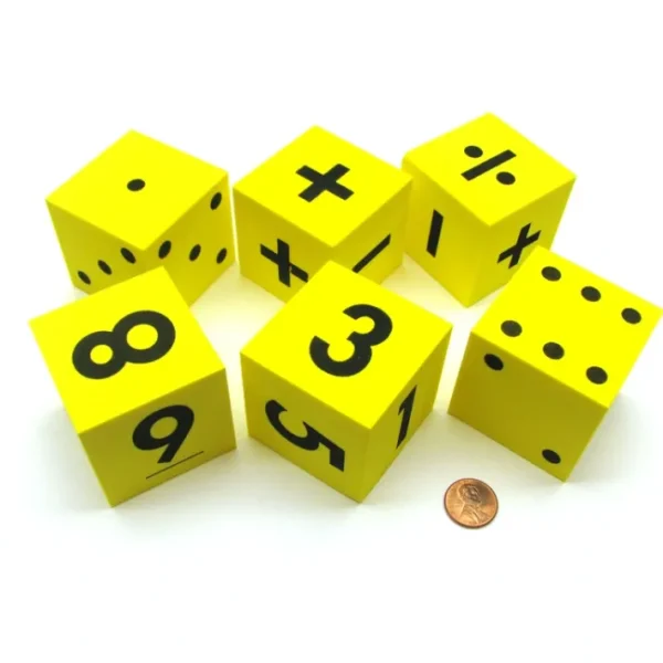 Pack of 6 Yellow 50mm Foam Math Dice - Assorted Function, Spotted, and Numbered - Your Source for Gaming Essentials New