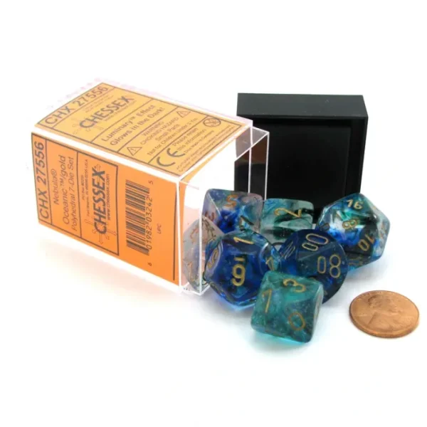 7 Piece Polyhedral DnD Nebula Dice Set with Luminary - Oceanic with Gold Numbers - Your Source for Gaming Essentials Store