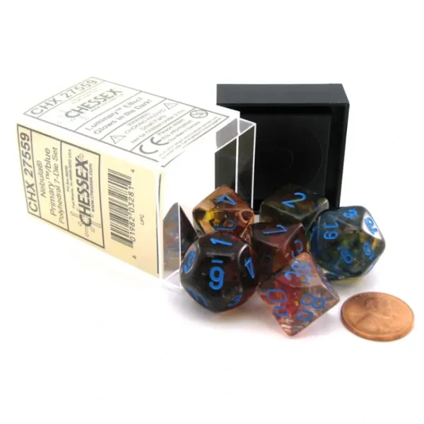 7 Piece Polyhedral DnD Nebula Dice Set with Luminary - Primary with Blue Numbers - Your Source for Gaming Essentials Best Sale