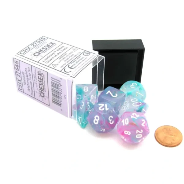 7 Piece Polyhedral DnD Nebula Dice Set with Luminary - Wisteria with White - Your Source for Gaming Essentials Store