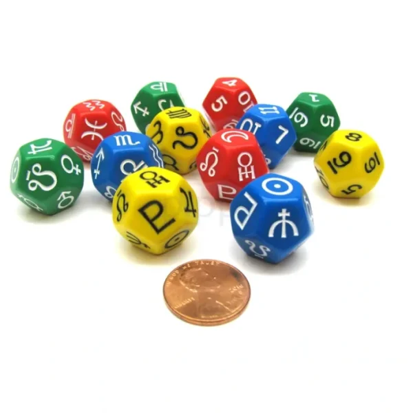 Planets, Signs, Numbers Astrology Dice Set, 12 D12 Dice - Assorted Colors - Your Source for Gaming Essentials Best Sale