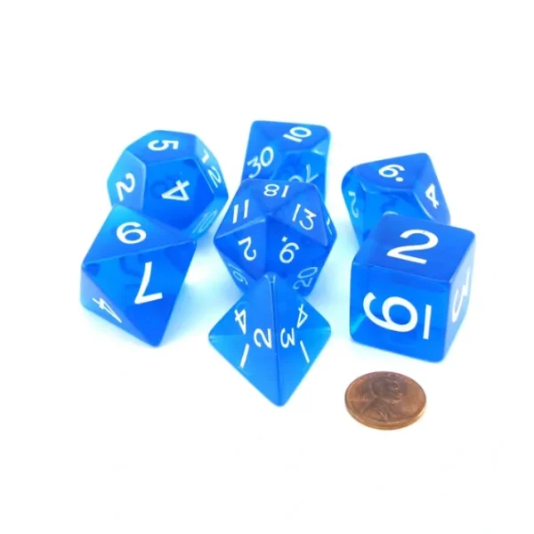 Polyhedral 7 Piece Jumbo Transparent Dice Set in Tube - Blue with White Numbers - Your Source for Gaming Essentials Shop