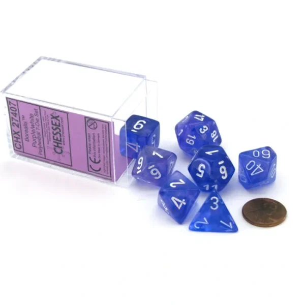 Polyhedral 7-Die Borealis Chessex Dice Set - Purple with White Numbers - Your Source for Gaming Essentials Online