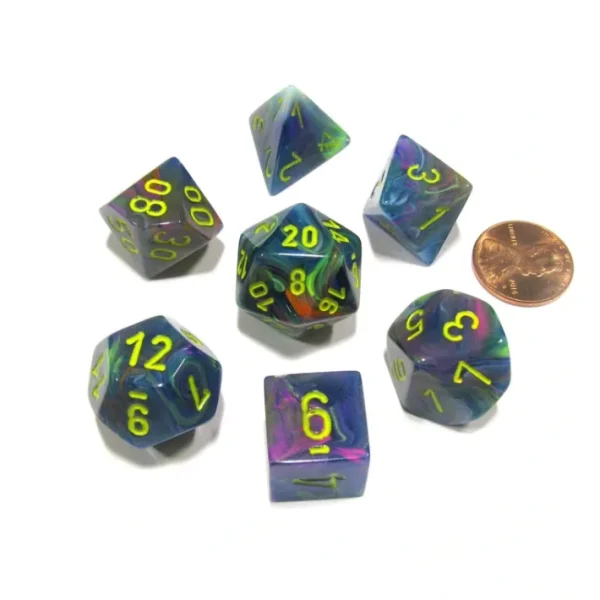 Polyhedral 7-Die Festive Chessex Dice Set - Rio with Yellow Numbers - Your Source for Gaming Essentials Store
