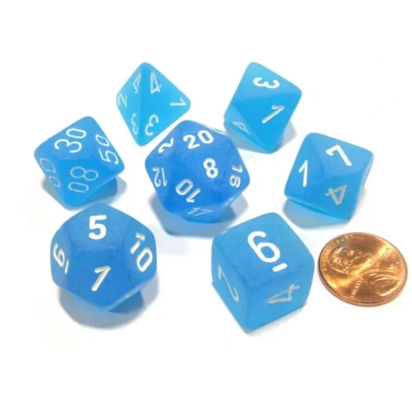 Polyhedral 7-Die Frosted Chessex Dice Set - Caribbean Blue with White Numbers - Your Source for Gaming Essentials Store