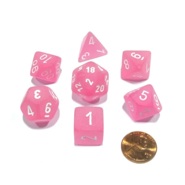 Polyhedral 7-Die Frosted Chessex Dice Set - Pink with White Numbers - Your Source for Gaming Essentials Cheap