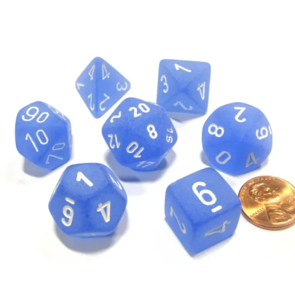 Polyhedral 7-Die Frosted Chessex Dice Set - Blue with White Numbers - Your Source for Gaming Essentials Cheap