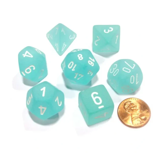Polyhedral 7-Die Frosted Chessex Dice Set - Teal with White Numbers - Your Source for Gaming Essentials Clearance