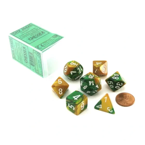 Polyhedral 7-Die Gemini Chessex Dice Set - Gold-Green with White Numbers - Your Source for Gaming Essentials Cheap