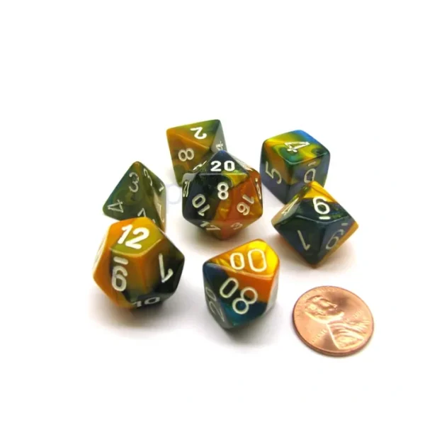 Polyhedral 7-Die Gemini Chessex Dice Set - Masquerade-Yellow with White Numbers - Your Source for Gaming Essentials Outlet