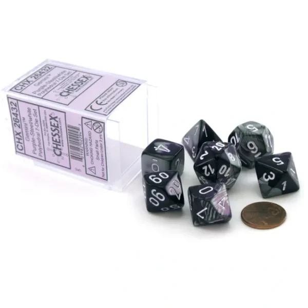 Polyhedral 7-Die Gemini Chessex Dice Set - Purple-Steel with White Numbers - Your Source for Gaming Essentials Online
