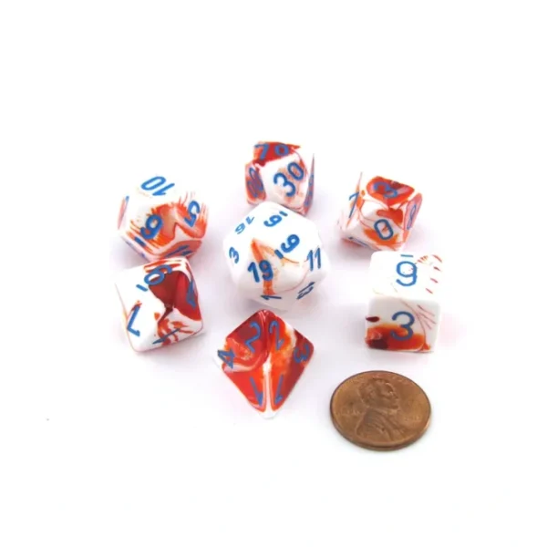 Polyhedral 7-Die Gemini Chessex Lab Dice 3 Set - Red-White with Blue Numbers - Your Source for Gaming Essentials Cheap