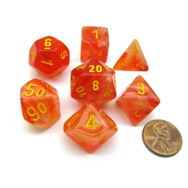 Polyhedral 7-Die Ghostly Glow Chessex Dice Set - Orange with Yellow Numbers - Your Source for Gaming Essentials Hot