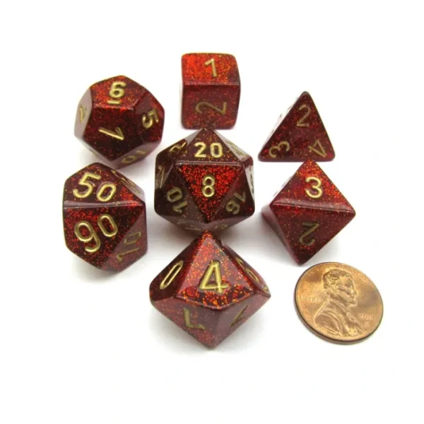 Polyhedral 7-Die Glitter Chessex Dice Set - Ruby Red with Gold Numbers - Your Source for Gaming Essentials New
