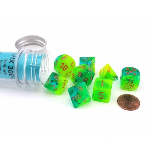 Polyhedral 7-Die Luminary Lab Dice 5 Set - Gemini Plasma Green-Teal with Orange - Your Source for Gaming Essentials Store