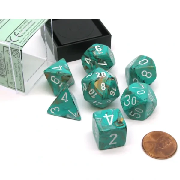 Polyhedral 7-Die Marble Chessex Dice Set - Oxi-Copper with White Numbers - Your Source for Gaming Essentials Shop