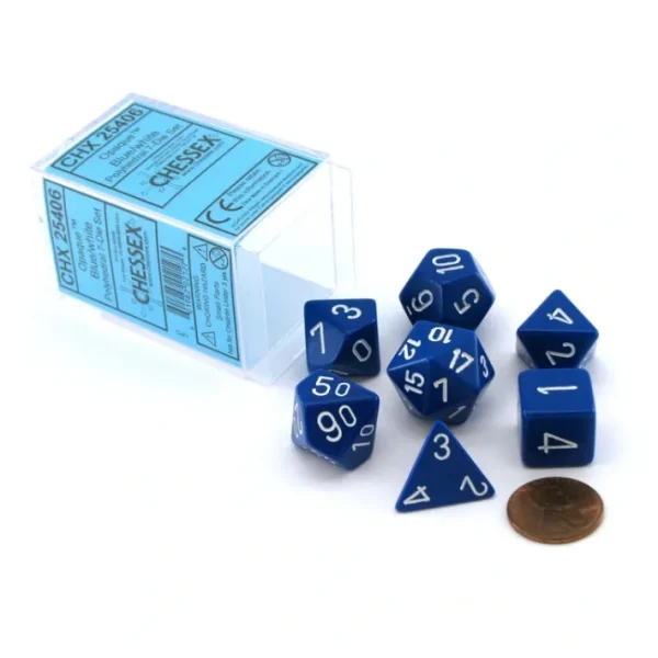Polyhedral 7-Die Opaque Chessex Dice Set - Blue with White Numbers - Your Source for Gaming Essentials Cheap