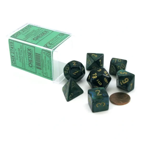 Polyhedral 7-Die Scarab Chessex Dice Set - Jade with Gold Numbers - Your Source for Gaming Essentials Shop