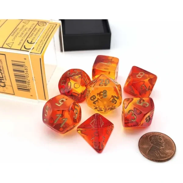 Polyhedral 7-Die Set, Gemini - Translucent Red-Yellow with Gold Numbers - Your Source for Gaming Essentials Clearance