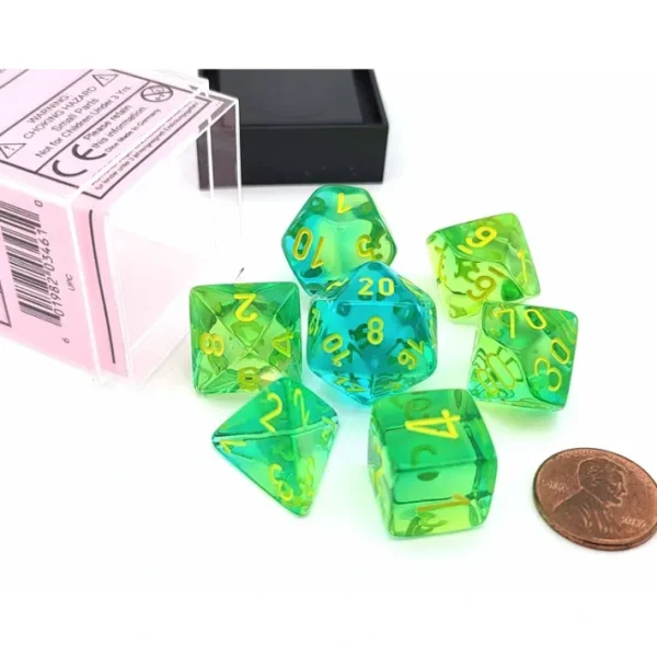 Polyhedral 7-Die Set, Gemini - Translucent Green-Teal with Yellow Numbers - Your Source for Gaming Essentials New