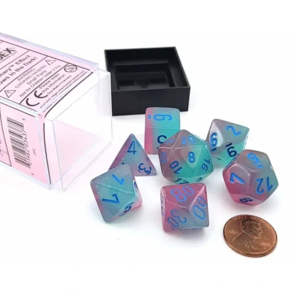 Polyhedral 7-Die Set, Luminary Gemini - Gel Green-Pink with Blue Numbers - Your Source for Gaming Essentials Cheap