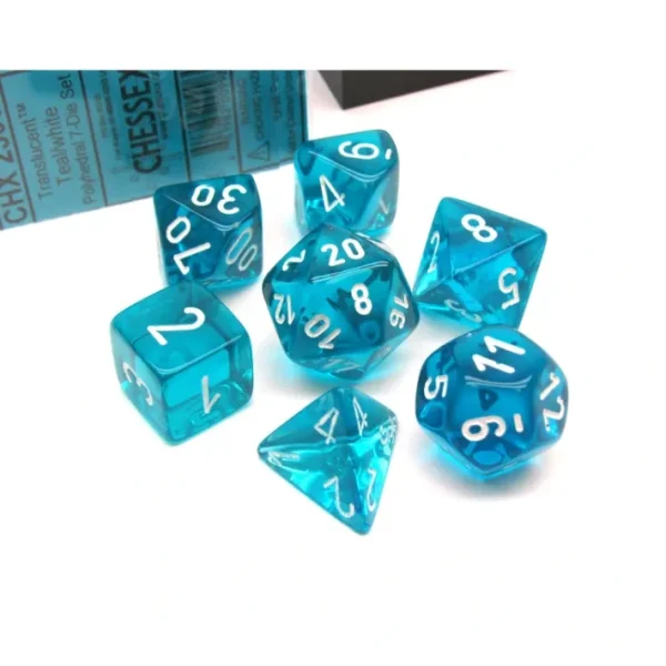 Polyhedral 7-Die Translucent Chessex Dice Set - Teal with White Numbers - Your Source for Gaming Essentials Shop