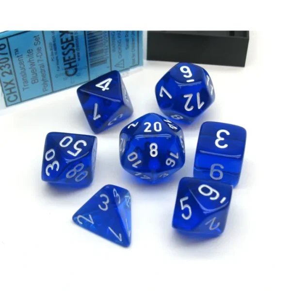 Polyhedral 7-Die Translucent Chessex Dice Set - Blue with White Numbers - Your Source for Gaming Essentials Fashion