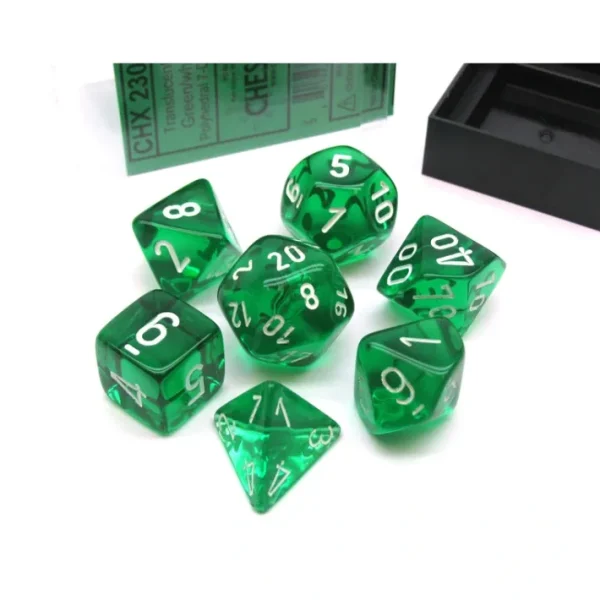 Polyhedral 7-Die Translucent Chessex Dice Set - Green with White Numbers - Your Source for Gaming Essentials Sale