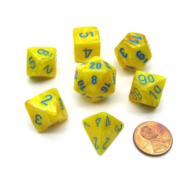 Polyhedral 7-Die Vortex Chessex Dice Set - Yellow with Blue Numbers - Your Source for Gaming Essentials Online