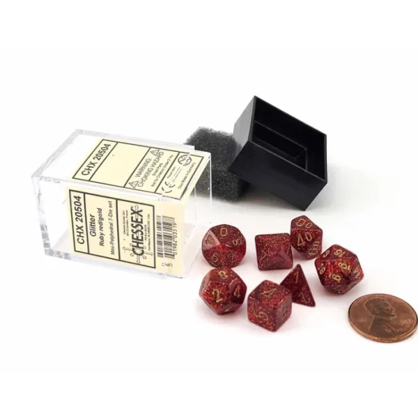 Polyhedral Mini 7-Die Set, Glitter - Ruby with Gold Numbers - Your Source for Gaming Essentials Shop