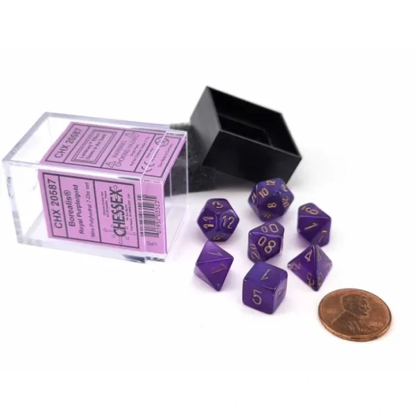 Polyhedral Mini 7-Die Set, Luminary Borealis - Royal Purple with Gold Numbers - Your Source for Gaming Essentials Cheap