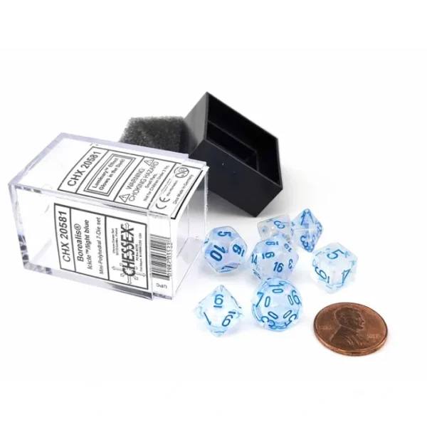 Polyhedral Mini 7-Die Set, Luminary Borealis - Icicle with Light Blue Numbers - Your Source for Gaming Essentials New