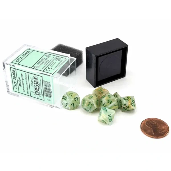 Polyhedral Mini 7-Die Set, Marble - Green with Dark Green Numbers - Your Source for Gaming Essentials Sale