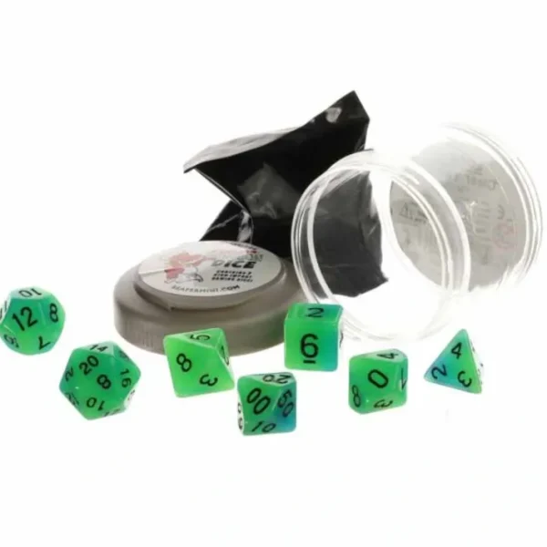 Polyhedral 7-Piece DnD Pizza Dungeon Dice Set - Glow Green & Blue - Your Source for Gaming Essentials Cheap