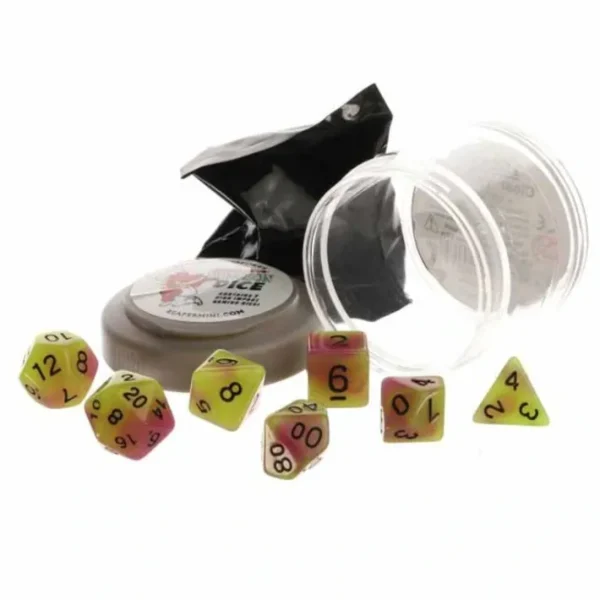 Polyhedral 7-Piece DnD Pizza Dungeon Dice Set - Glow Yellow & Purple - Your Source for Gaming Essentials Flash Sale