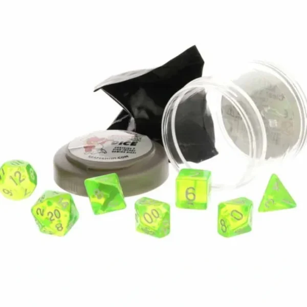 Polyhedral 7-Piece DnD Pizza Dungeon Dice Set - LuckyClear Neon Green - Your Source for Gaming Essentials New
