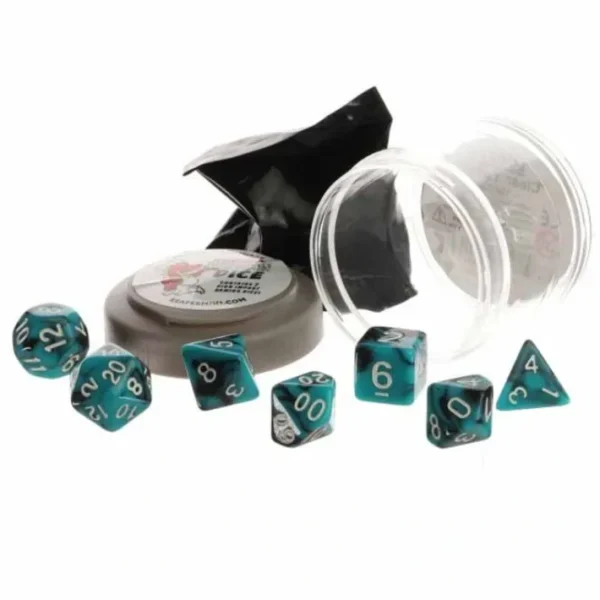 Polyhedral 7-Piece DnD Pizza Dungeon Dice Set - Dual Teal & Black - Your Source for Gaming Essentials Cheap
