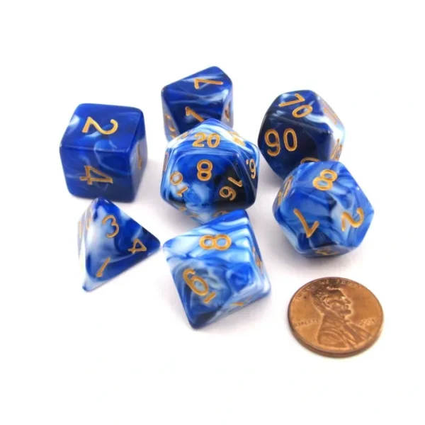 Polyhedral 7-Piece Layered Wedgewood Dice Set - Blue/White with Gold - Your Source for Gaming Essentials Outlet