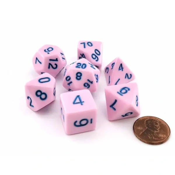 Polyhedral 7-Piece Opaque Dice Set - Pink with Blue Numbers - Your Source for Gaming Essentials Clearance