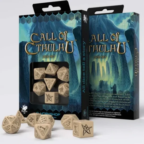 Q-Workshop Call of Cthulhu Dice Set Beige with Black Etches (7 Piece Set) - Your Source for Gaming Essentials Best
